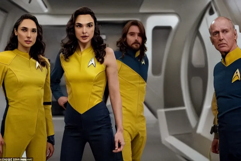 Image similar to Gal Gadot, wearing a yellow uniform, is the captain of the starship Enterprise in the new Star Trek movie