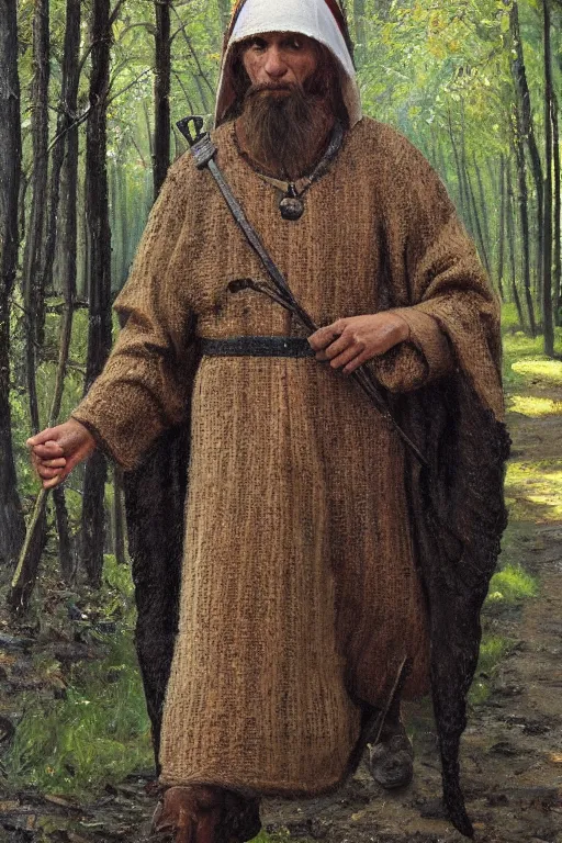 Image similar to by whimmy slavic dog head man, woolen torso in medieval clothes, walking in the forest, orthodox saint christopher, oil painting, painting by viktor vasnetsov, concept art, hyperrealism, beautiful, high resolution, trending on artstation,