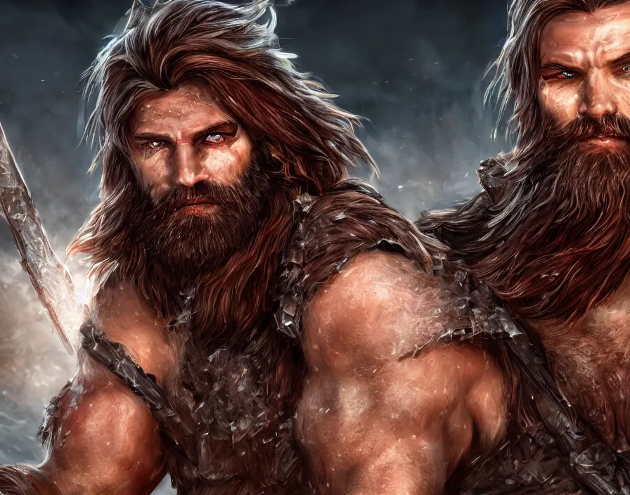 Prompt: one male barbarian face with ice crystal shards, beautiful red eyes, brown hair, brown beard, beautiful graphics, fantasy artwork, very beautiful scenery, hd, hdr, ue 5, ue 6, unreal engine 5, cinematic 4 k wallpaper, 8 k, ultra detailed, by popular digital, details, beautiful image ever created, high resolution, artstation, award winning