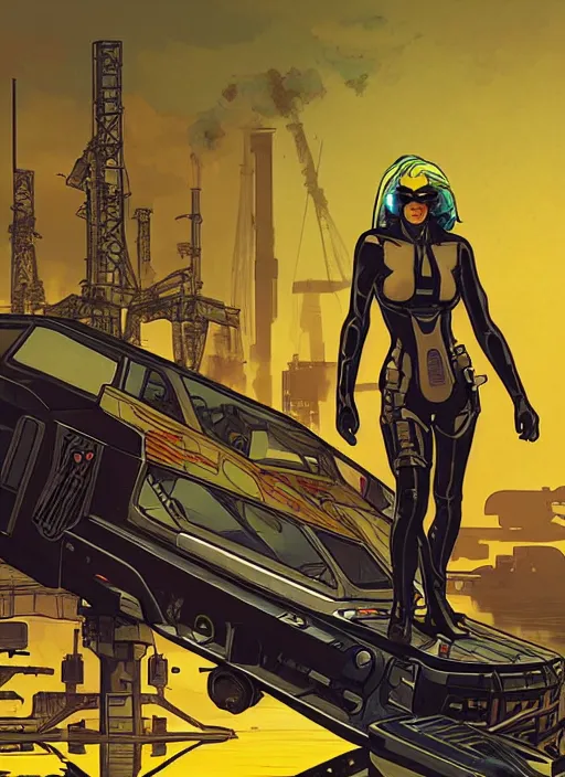 Prompt: cyberpunk cartel assassin on hover skiff. burning oil rig in the background. portrait illustration, pop art, art by ashley wood, alphonse mucha, laurie greasley and josan gonzalez. cinematic. dynamic lighting. realistic proportions. creative design. cell shading. tattoos