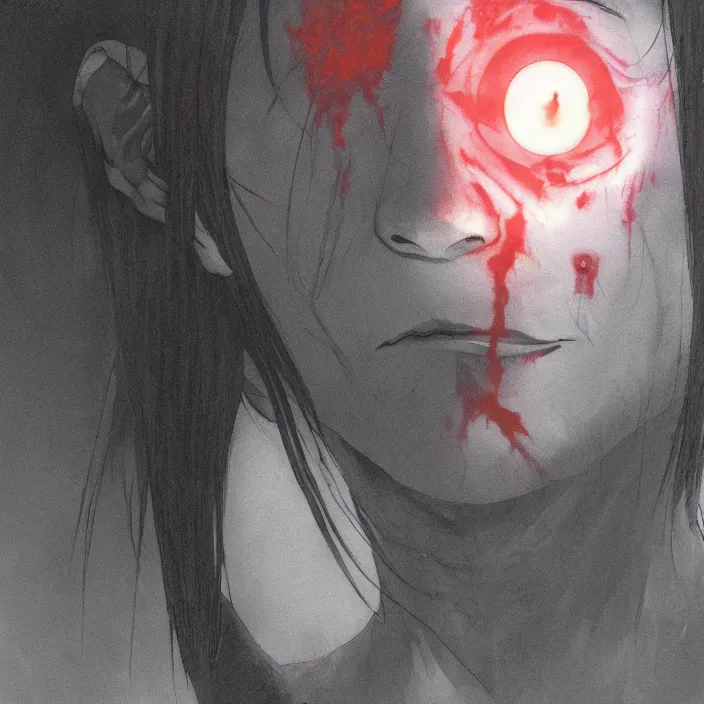 Image similar to Jake Fried, close up of lain iwakura, lain, lain iwakura, Albedo from overlord, red Beksinski Finnian vivid Wojtek William to eye, hellscape, mind character