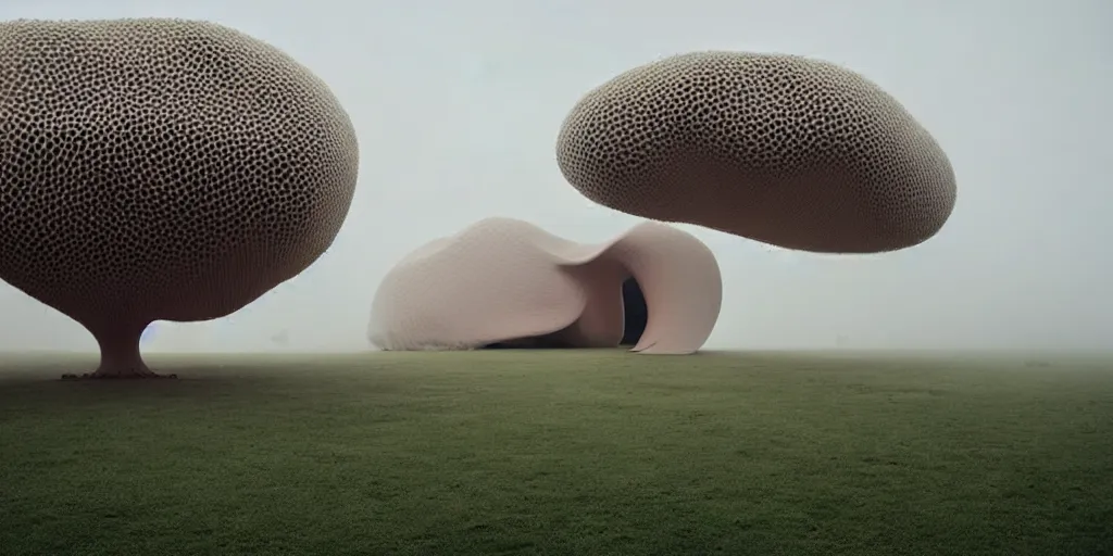 Prompt: white honeycomb organic building by ernesto neto sits on the field in low fog, light - mint with light - pink color, 4 k, insanely quality, highly detailed, film still from the movie directed by denis villeneuve with art direction by zdzisław beksinski, telephoto lens, shallow depth of field