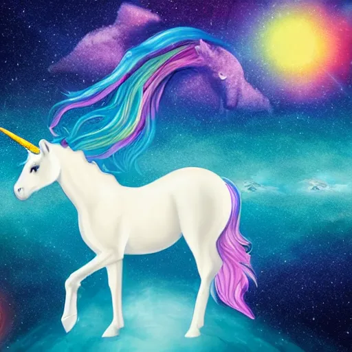 Image similar to a unicorn with a mermaid tail floating in space