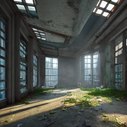 Image similar to interior of a building in an overgrown abandoned hong kong, light pouring through the windows, deserted and decaying concrete, unreal engine 5, raytracing, artstation, 8k