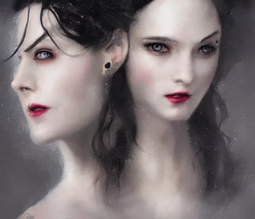 Image similar to a photorealistically painted portrait of lady vampire!!!!, dressed in a suit, perfect face!!!, beautiful eyes!!, digital painting, concept art, minimal artifacts, volumetric lighting, Artgerm and William-Adolphe Bouguerea, in the style of Tom Bagshaw, cinematic!!, stunning!, trending on Artstation!, award winning art!!!