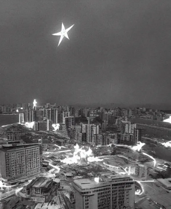 Image similar to Pulgasari the North Korean starfish monster destroying Pyongyang city, volumetric lighting, filmstill, produced by Kim Jong-il, Kodachrome, kaiju-eiga, monster movie, communist propaganda, film noir, 35mm film grain, Cooke Varotal 20-100mm T3.1, in the style of Ishirō Honda and Stanley Kubrick