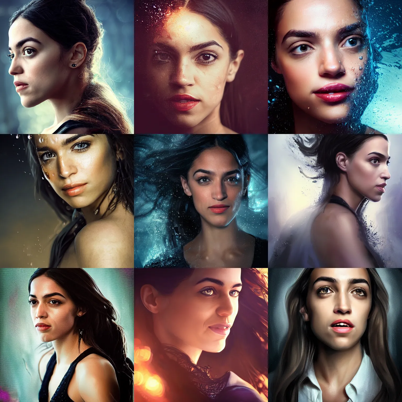 Prompt: Portrait of Alexandria Ocasio-Cortezt, amazing splashscreen artwork, splash art, head slightly tilted, natural light, elegant, intricate, fantasy, atmospheric lighting, cinematic, matte painting