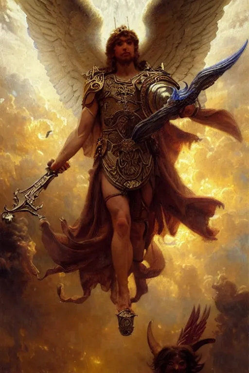 Image similar to saint michael the angel, guarding the world from evil. highly detailed painting by gaston bussiere, greg rutkowski 8 k