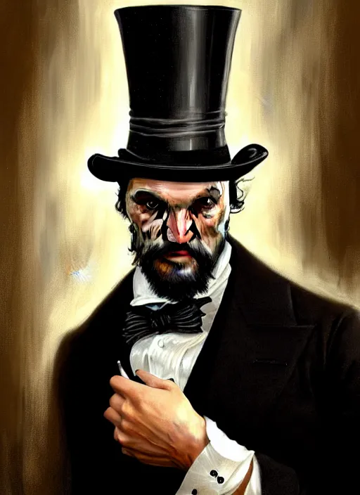 Prompt: portrait of jason mamoa wearing a top hat, victorian, concept art, detailed face, fantasy, close up face, highly detailed, cinematic lighting, digital art painting by greg rutkowski