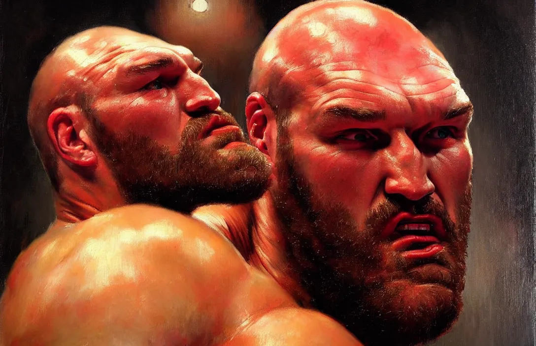 Image similar to portrait of tyson fury!!!!!!!!!!!!!!!!!!!!!!!!!!!, detailed face, detailed painting,, epic lighting, by ilya repin, phil hale and kent williams