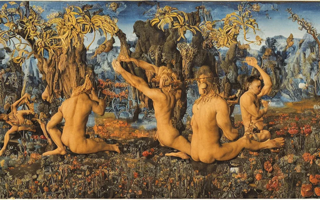 Image similar to a portrait photograph of a meditating satyr and a centaur monk riding a rocket machine and hunting at a river delta. surrounded by bulbous flowers and trees. mountain range under a blue sky of fiery stars. by jan van eyck, max ernst, ernst haeckel, ernst fuchs and artgerm, cgsociety, fashion editorial, 8 k