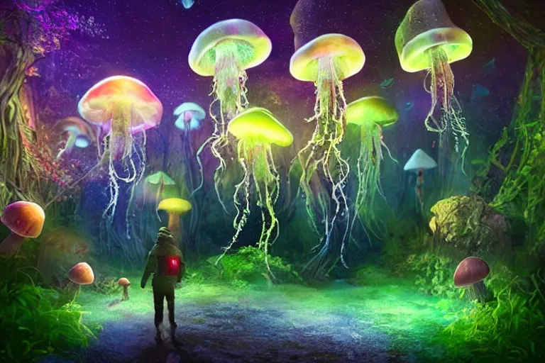 Image similar to An astronaut walking in an enchanted fantasy forest. Glowing mushrooms. Floating jellyfish. Colorful. Cinematic lighting. Photorealism.