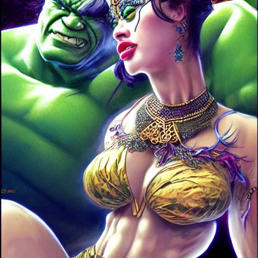 Image similar to UHD photorealistic detailed image of The Hulk as a Thai ladyboy, wearing extremely intricate makeup by Ayami Kojima, Amano, Karol Bak, tonalism