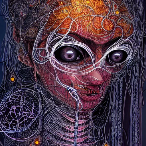 Image similar to woman_integrating_with_technology_full_face_insipiring_detailed_intricate_ornate_cables_connected_to_head_big_open_electric_eyes by android jones