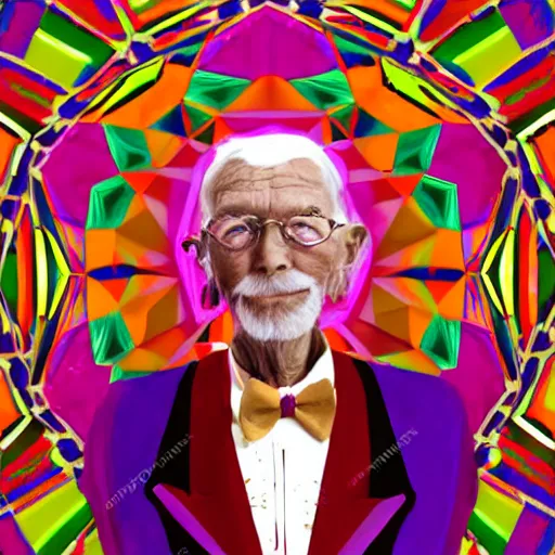 Image similar to portrait of a distinguished old man with formal cothing, kaleidoscopic shapes and colors in the background