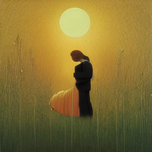 Prompt: by satoshi kon, by andrey remnev realist, soft. a beautiful kinetic sculpture of a man & a woman in a field of tall grass with the sun setting behind them