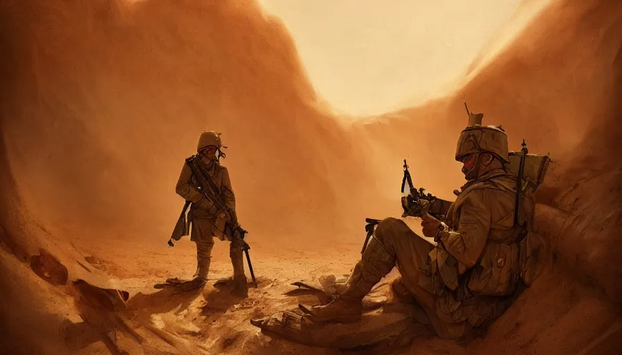 Prompt: beautiful digital painting of a soldier in a trench waiting for the war to end, in the sahara desert. cinematic lighting, atmospheric, emotions, concept art by greg rutkowski,