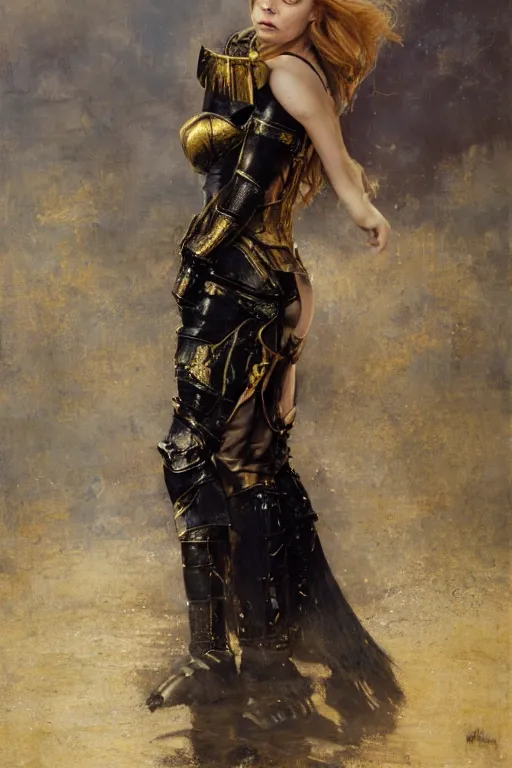 Image similar to redhead natalie dormer wearing black and gold medieval armour, bare legs, detailed, by gaston bussiere, bayard wu, greg rutkowski, giger, maxim verehin, greg rutkowski, masterpiece, sharp focus, cinematic lightning