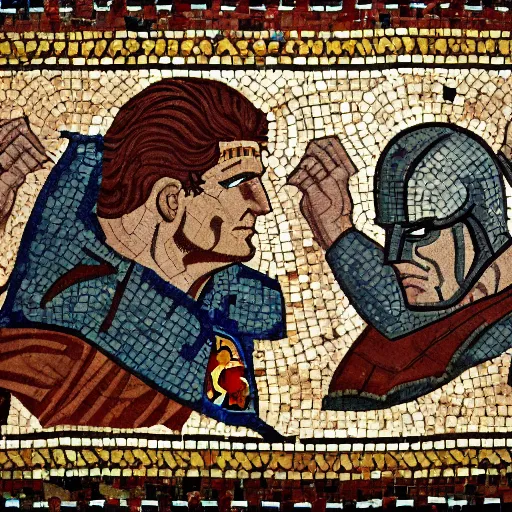 Image similar to beautiful roman mosaic of batman vs superman, rome, 1 0 0 ad