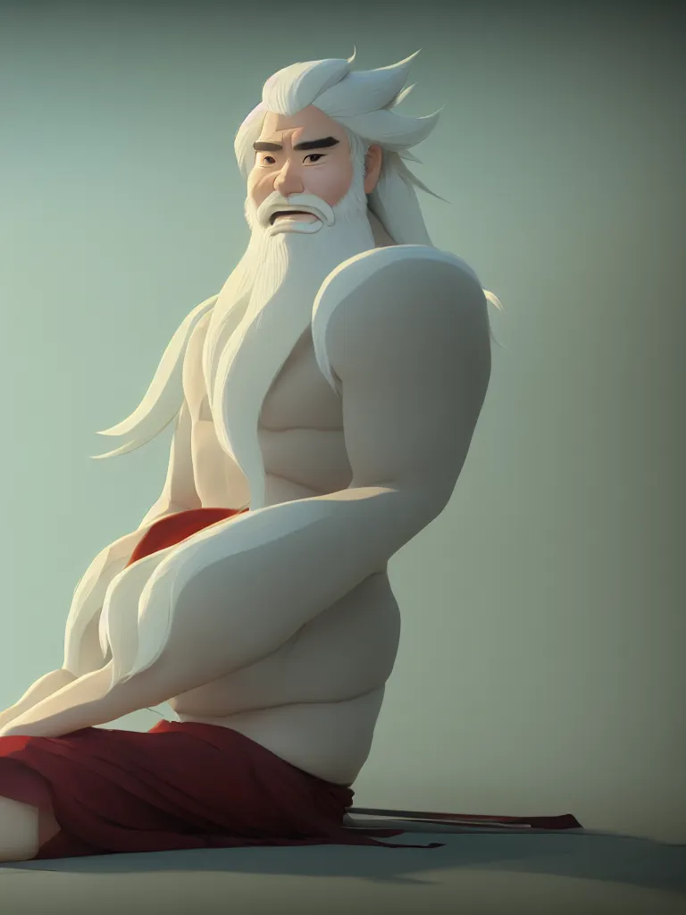 Image similar to the whole body of fuxi in chinese mythology, long white hair, long white beard, animation style, in style of makoto shinkai, raphael lacoste, kind and solemn, sit on the ground, 3 d render, hyper detailed, 4 k hd