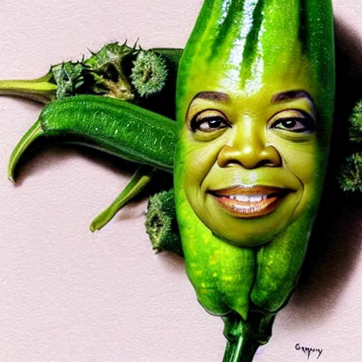 Image similar to a dish of oprah winfreys face fused with okra veg with green stalky ( ( green oprah winfrey's face ) ), okra shaped stalk nose, oprah okra winfrey sentient veg, by greg rutkowski