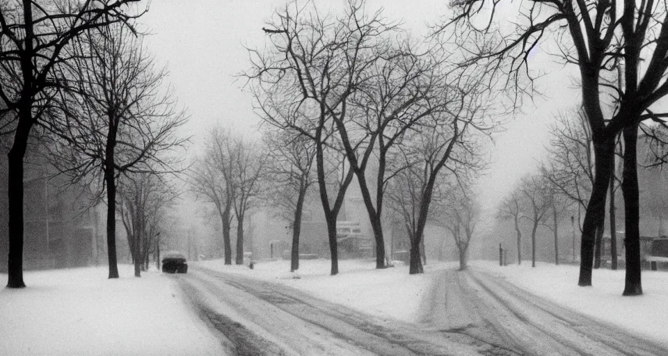 Image similar to image of a street in the winter, black and white photograph by andre kertesz