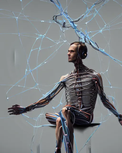 Image similar to a hyperrealistic painting of a human cyborg sitting in a chair with limbs stretched out, tied with electrical cables connected to infinite supercomputers, flood of images flowing from his head, tesseract, vitruvian man, 3 d render, octane, trending on artstation, concept art, insane details, zoomed out