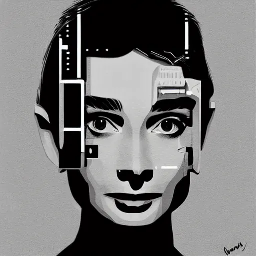 Image similar to portrait of audrey hepburn as a robot highly detailed digital painting art station cyberpunk