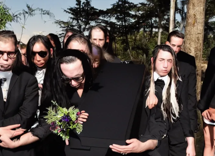 Prompt: Photo of Skrillex at a funeral performing on a coffin