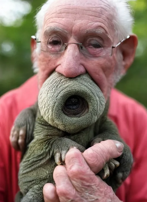 Prompt: an elderly man and his pet tardigrade, tardigrade on lap, cute pet photo