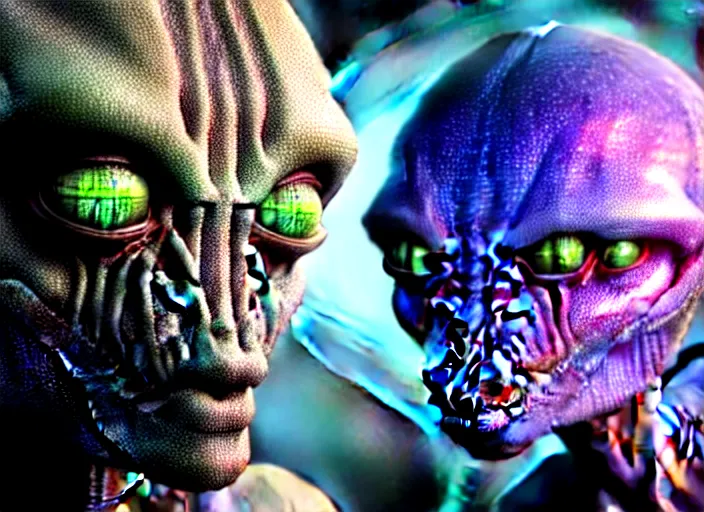 Image similar to hyperrealism, detailed textures, photorealistic 3 d render, an alien with crimsom coloured eyes in a super star system from 5 million years ago, sharp focus, ultra realistic, ultra high pixel detail, cinematic, intricate, cinematic light, concept art, illustration, art station, unreal engine 8 k