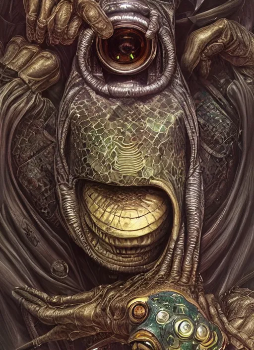 Image similar to cybernetic dj mf doom reptile eyes, metal colorful skin. intricate, elegant, highly detailed, centered, digital painting, artstation, concept art, smooth, sharp focus, illustration, artgerm, tomasz alen kopera, peter mohrbacher, donato giancola, joseph christian leyendecker, wlop, frank frazetta