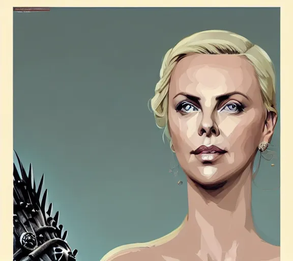 Prompt: portrait of portrait, charlize theron as a queen, fantasy, game of thrones, by atey ghailan, by greg rutkowski, by greg tocchini, by james gilleard, by joe fenton, by kaethe butcher, by ashley wood, dynamic lighting, gradient light blue, brown, blonde cream and white color scheme, grunge aesthetic