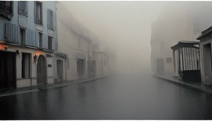 Image similar to 1 9 7 0 s movie still of a heavy burning french style townhouse in a small french village by night rain fog, cinestill 8 0 0 t 3 5 mm, heavy grain, high quality, high detail, dramatic light, anamorphic, flares