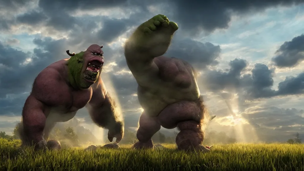 Prompt: a huge violent angry ogre stomps through a meadow, crepuscular rays, photorealistic