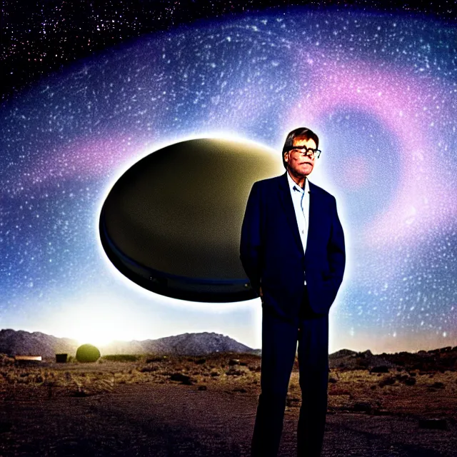 Image similar to a photo of bob lazar standing in area 5 1, alien spaceship and flying saucers inside hangar with open doors in background, starry night sky, cinematic lighting, detailed symmetrical face, photorealistic, highly detailed