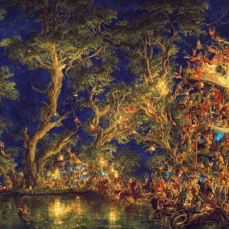 Prompt: closeup of a night carnival around a magical in a summer storm, tree cavity with a music scenario with many fireworks and christmas lights, next to a lake with iridiscent lake water, volumetric lightning, folklore people disguised with fantastic creatures in a magical forest by summer night, masterpiece painted by william russell flint, scene by dark night environment, refraction lights