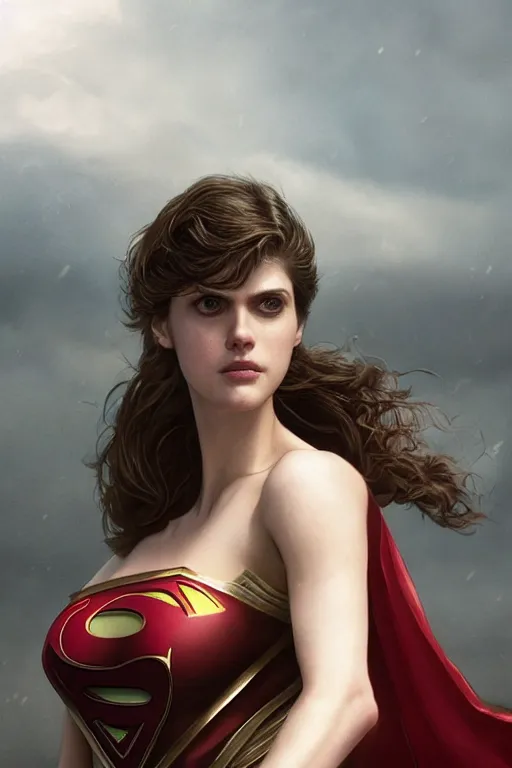 Image similar to a fancy close up of Man of Steel cast as Alexandra Daddario by Greg Rutkowski, Sung Choi, Mitchell Mohrhauser, Maciej Kuciara, Johnson Ting, Maxim Verehin, Peter Konig, 8k photorealistic, cinematic lighting, HD, high details, dramatic, trending on artstation, full body shot