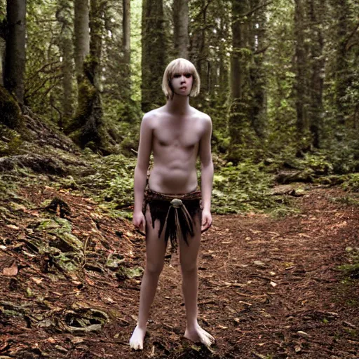 Prompt: a teenage boy, around 1 6 yo. choker necklace. natural brown hair. loincloth, pale skin. detailed face. ominous and eerie looking forest in background. natural colors. hyperrealistic photo.