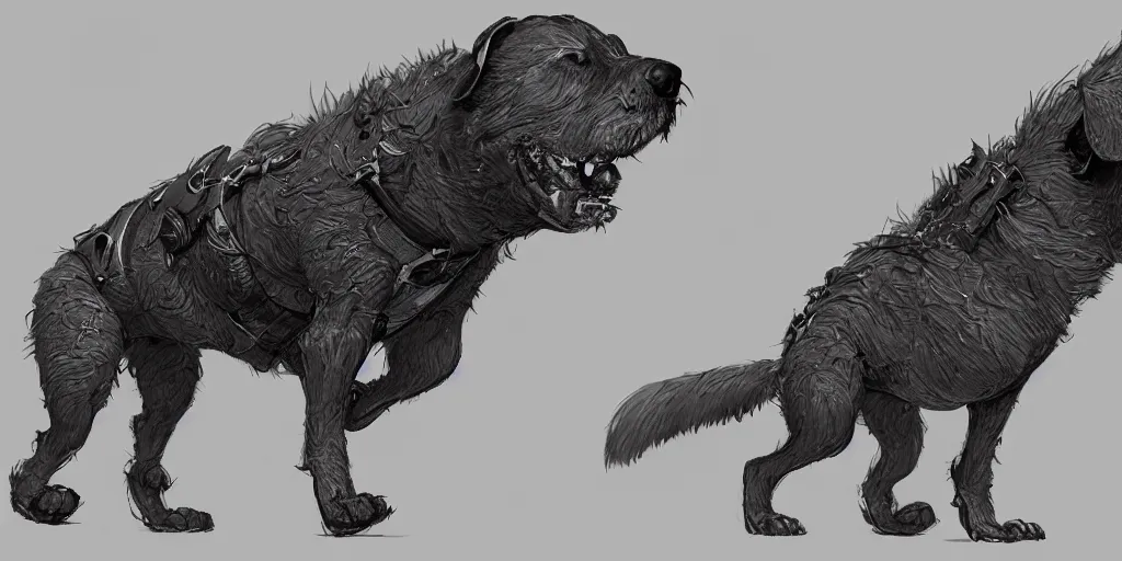 Image similar to cartoonish dog running, character sheet, fine details, concept design, contrast, kim jung gi, greg rutkowski, trending on artstation, 8 k, full body, turnaround, front view, back view, ultra wide angle