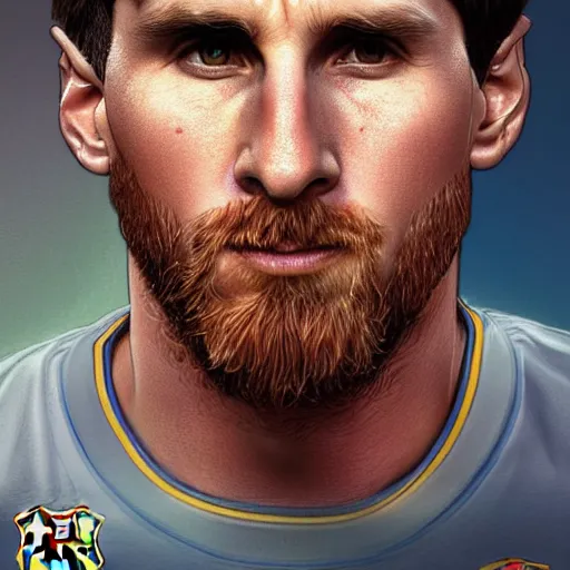 Image similar to leo messi, character art, wearing soccer jersey, cinematic lighting symmetrical facial features, from arknights, hyper realistic, 4 k, rule of thirds, extreme detail, detailed drawing, trending artstation, realistic lighting, by alphonse mucha, greg rutkowski, short neck