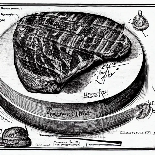 Prompt: highly detailed schematic of steak, da vinci