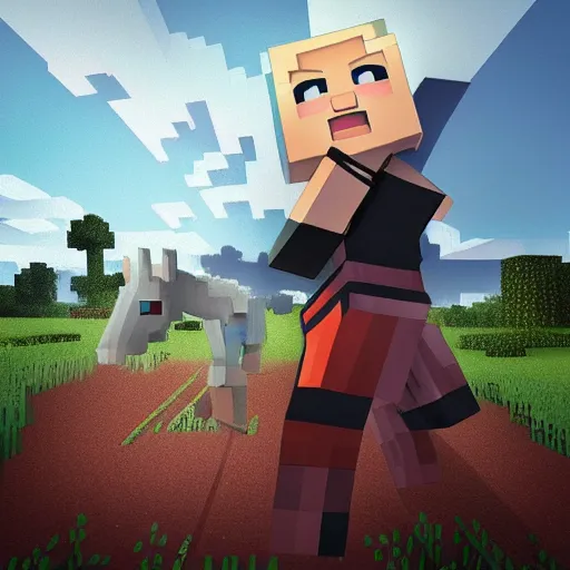 Image similar to cute hyperrealistic annie leonhart riding a minecraft horse in minecraft, beautiful face, pale skin, rule of thirds, cinematic lighting, rainy weather, melancholy atmosphere, sharp focus, backlit, stunning, smooth, hard focus, full body shot, instagram photo, shot on sony a 7 iii, hyper realistic