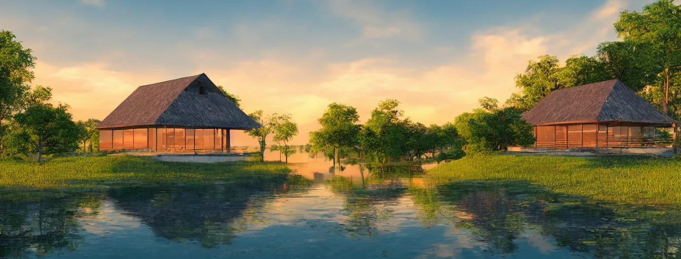 Image similar to a serene landscape with a singular building near a lake at sunset in anime style, 8k, low saturation, high quality, high detail