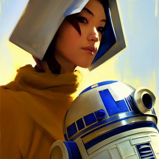 Image similar to greg manchess portrait painting of r 2 d 2 as overwatch character, medium shot, asymmetrical, profile picture, organic painting, sunny day, matte painting, bold shapes, hard edges, street art, trending on artstation, by huang guangjian and gil elvgren and sachin teng