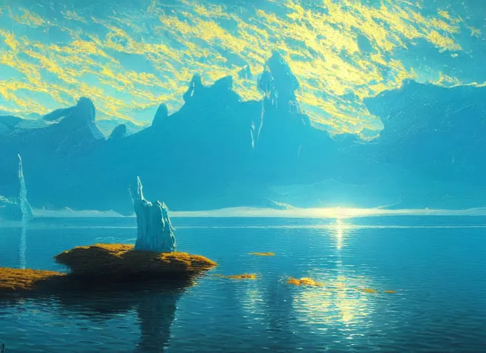 Image similar to blue - turquoise mirage on a sunny lake surface, hyperrealism, no blur, 4 k resolution, ultra detailed, style of anato finnstark, edward robert hughes, james gurney, syd mead