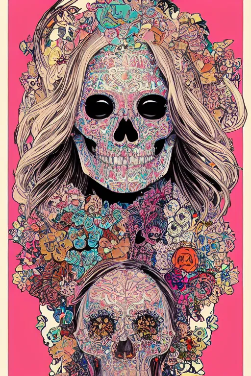 Image similar to beautiful skull portrait girl female illustration detailed patterns art of thai traditional dress, pop art, splash painting, art by geof darrow, ashley wood, alphonse mucha, makoto shinkai