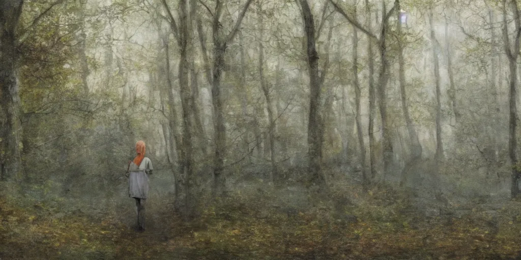 Prompt: a girl in an autumn forest, yellow and green tones, by Aron Wiesenfeld, wolf, cinematic, detailed illustration, nature, fog, dark colors, suspense, intricate, 8k