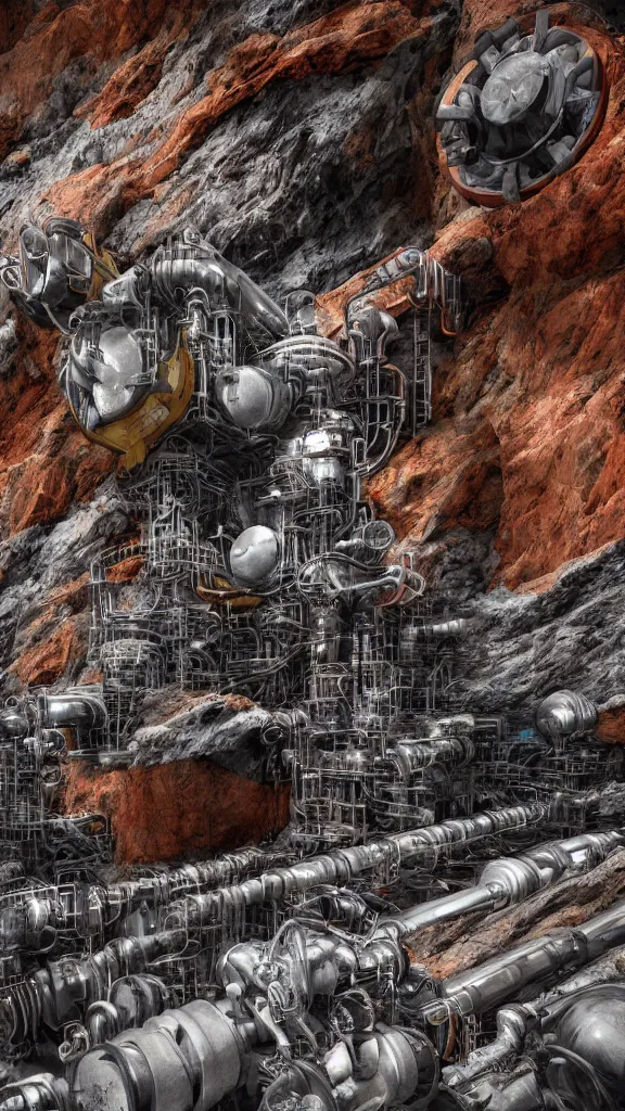 Image similar to cinematic ultra realistic photography of the complex magical machine embedded within the mountain, colourful sedimentary and igneous rock and marble, rock textures industrial machinery, pistons, pipes and valves, super conducters, circuitry. 8k 3D geology