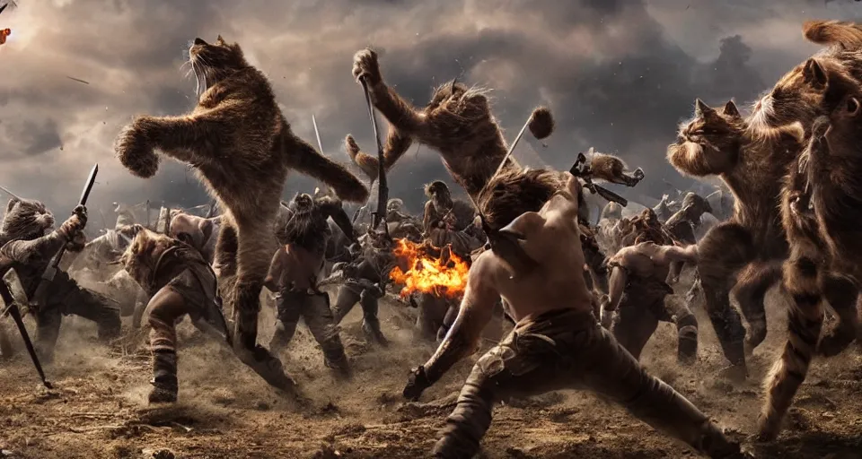 Prompt: epic battle scene cats versus humans, the last stand, Epic Background, highly detailed, sharp focus, 8k, 35mm, cinematic lighting